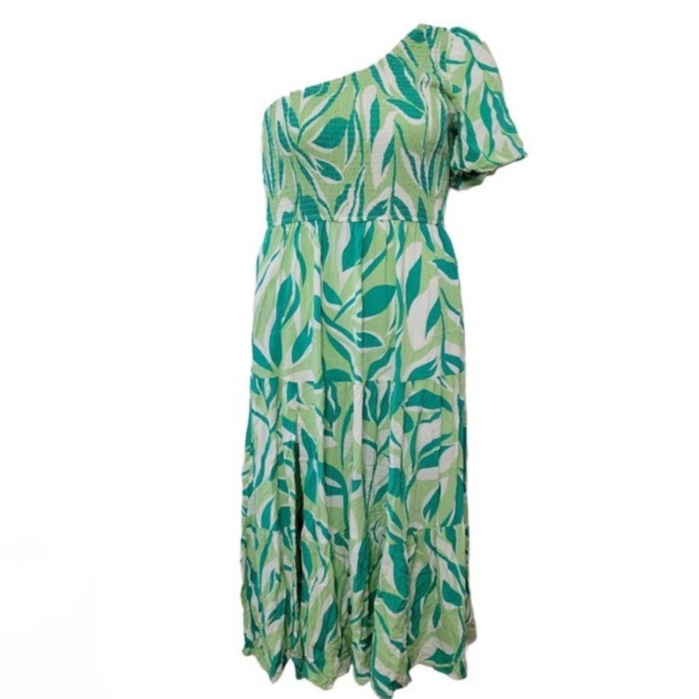 NWT Zesica Size L One Shoulder Tiered Maxi Dress Green White‎ Floral Smocked
